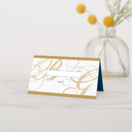 Gold Blue Elegant Script Monogram Wedding Platzkarte