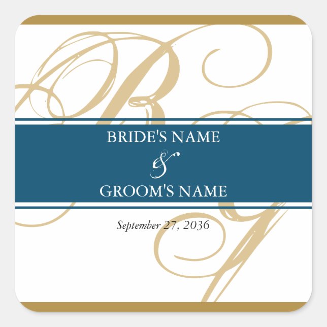 Gold Blue Elegant Script Monogram Wedding Quadratischer Aufkleber (Vorderseite)