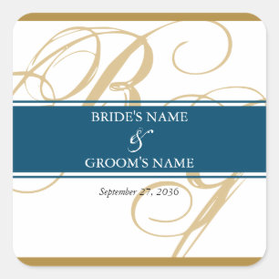 Gold Blue Elegant Script Monogram Wedding Quadratischer Aufkleber