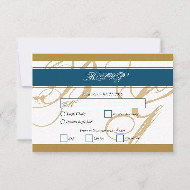 Gold Blue Elegant Script Monogram Wedding RSVP Karte (Vorderseite)