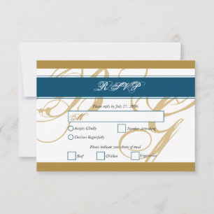Gold Blue Elegant Script Monogram Wedding RSVP Karte