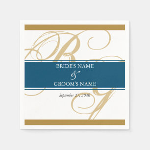 Gold Blue Elegant Script Monogram Wedding Serviette