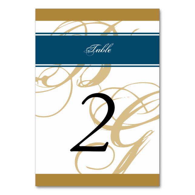 Gold Blue Elegant Script Monogram Wedding Tischnummer (Vorderseite)