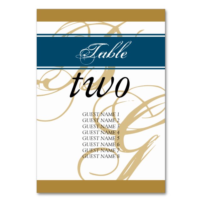 Gold Blue Elegant Script Monogram Wedding Tischnummer (Vorderseite)