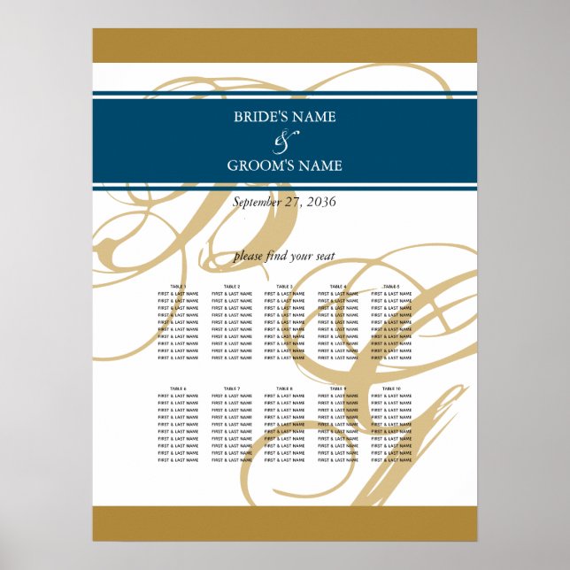 Gold Blue Elegante Monogram Seating Chart Poster (Vorne)