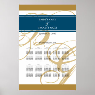 Gold Blue Elegante Monogram Seating Chart Poster