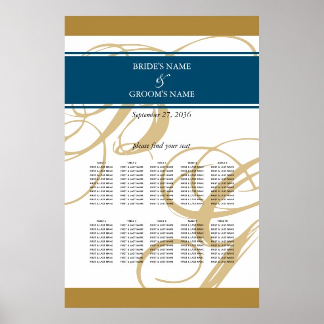 Gold Blue Elegante Monogram Seating Chart Poster (Vorne)