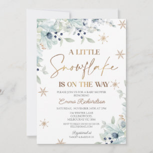 Gold Blue Floral Little Snowflake Baby Dusche Einladung