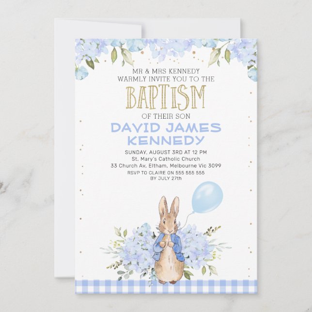 Gold Blue Floral Peter Rabbit Taufe Einladung (Vorderseite)