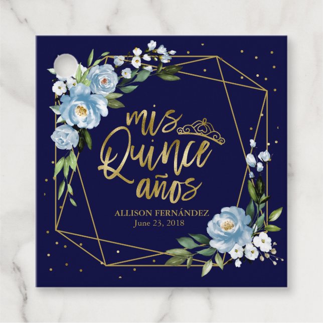 Gold Blue Floral Quinceanera Geschenkanhänger (Vorderseite)