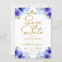 Gold Blue Floral Quinceanera Save the Date