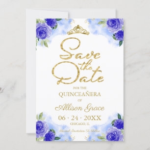 Gold Blue Floral Quinceanera Save the Date Einladung