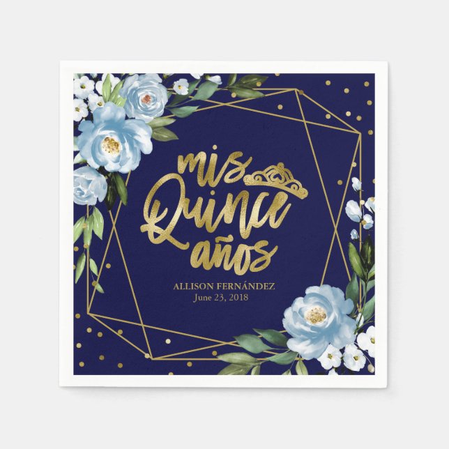Gold Blue Floral Quinceanera Serviette (Vorderseite)