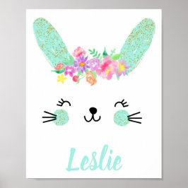 Gold Blue Floral Rabbit Kinderzimmer Poster Name