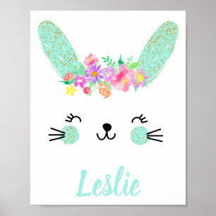 Gold Blue Floral Rabbit Kinderzimmer Poster Name