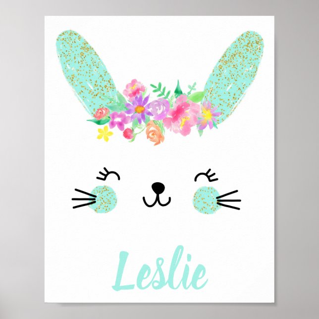 Gold Blue Floral Rabbit Kinderzimmer Poster Name (Vorne)