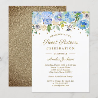 Gold Blue Floral Watercolor 16 . Geburtstag Einlad Einladung