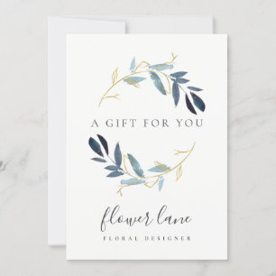 GOLD BLUE FOLIAGE WREATT GIFT ZERTIFIKATE CARD FEIERTAGSKARTE