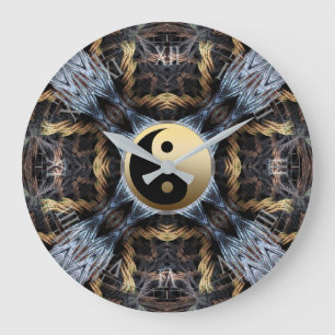 Gold Blue Fraktal Tapestry mit Yin Yang Symbol Große Wanduhr