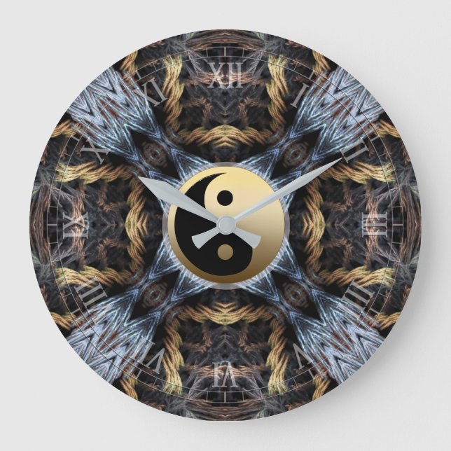 Gold Blue Fraktal Tapestry mit Yin Yang Symbol Große Wanduhr (Vorderseite)