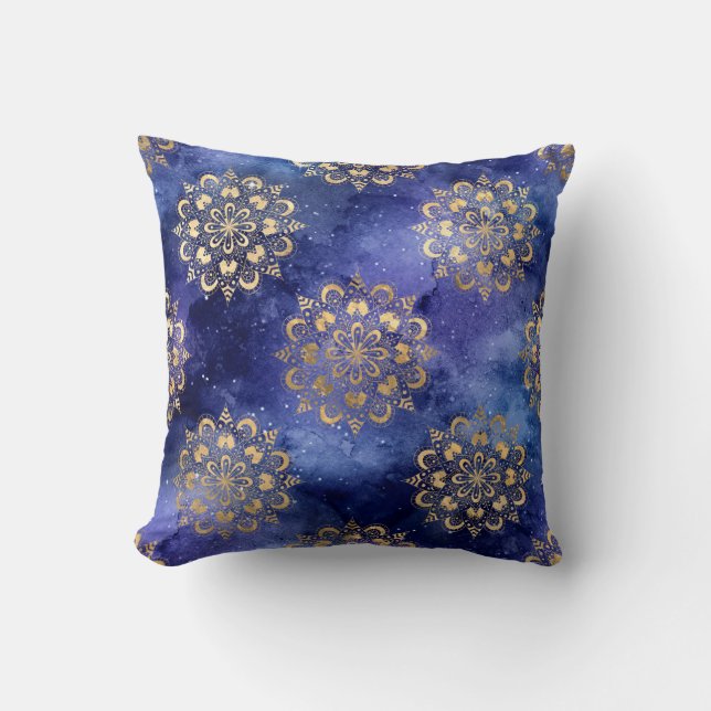 Gold & Blue Galaxy Dharma Mandala Muster Kissen (Vorderseite)