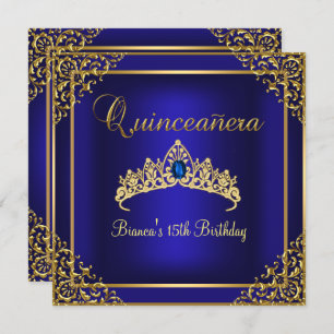 Gold & Blue Gem Tiara Quinceanera Einladung