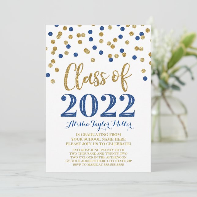 Gold Blue Glitzer Confetti Graduation Party 2022 Einladung (Stehend Vorderseite)