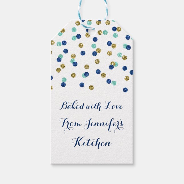 Gold Blue Glitzer Confetti Weihnachtsgebäck Tags Geschenkanhänger (Vorderseite)