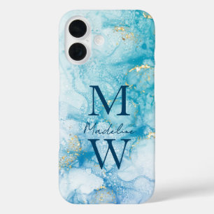 Gold Blue Glitzer Watercolor personalisieren iPhone 16 Hülle