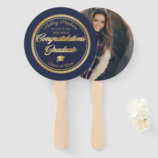 Gold Blue Grad Cap Abschluss Foto Class 2023 Fächer (Vorne und Hinten)