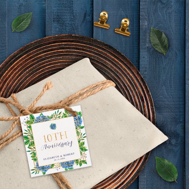 Gold Blue Hydrangea 10. Hochzeitstag Geschenkanhänger (Von Creator hochgeladen)