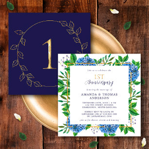 Gold Blue Hydrangea 1. Hochzeitstag Einladung