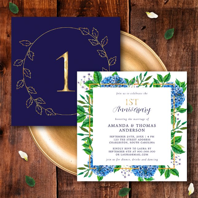 Gold Blue Hydrangea 1. Hochzeitstag Einladung (Front / Back)