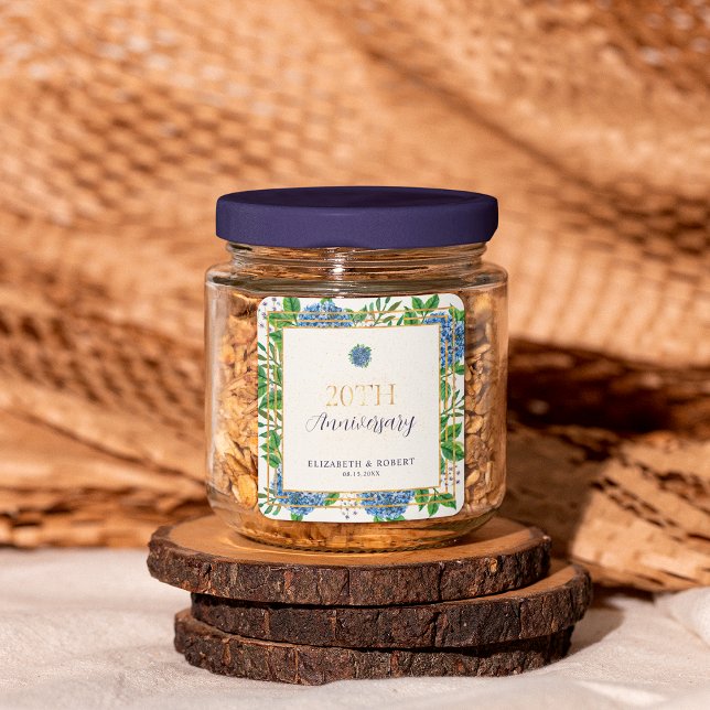 Gold Blue Hydrangea 20 Jahre Party zum Hochzeitsta Quadratischer Aufkleber (Von Creator hochgeladen)