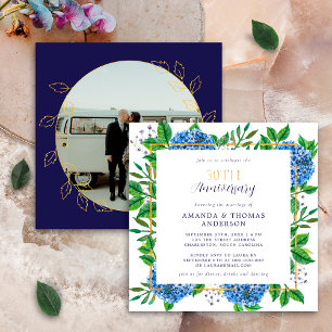 Gold Blue Hydrangea 30. Hochzeit Foto Jubiläum Einladung