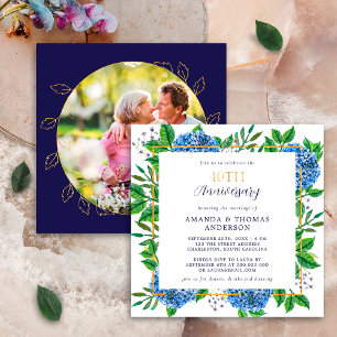 Gold Blue Hydrangea 40 Jahre Hochzeit Foto Jubiläu Einladung