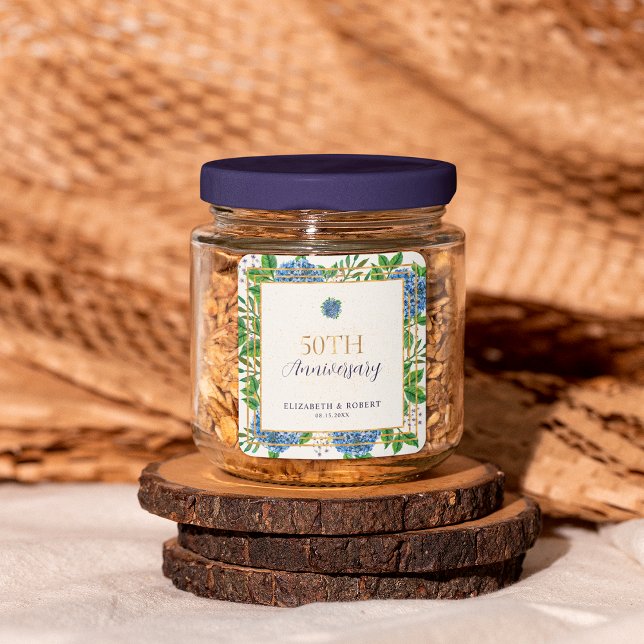 Gold Blue Hydrangea 50 Jahre Party zum Hochzeitsta Quadratischer Aufkleber (Von Creator hochgeladen)