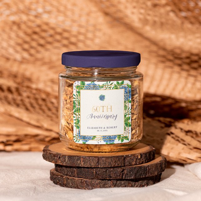 Gold Blue Hydrangea 60. Hochzeitsjubiläum Party Quadratischer Aufkleber (Von Creator hochgeladen)