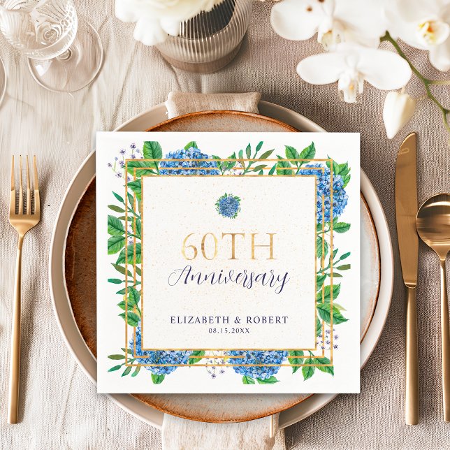 Gold Blue Hydrangea 60. Hochzeitstag Serviette (Von Creator hochgeladen)