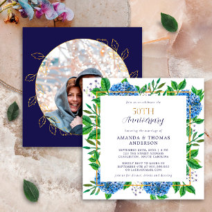 Gold Blue Hydrangea Foto 50. Hochzeitstag Einladung