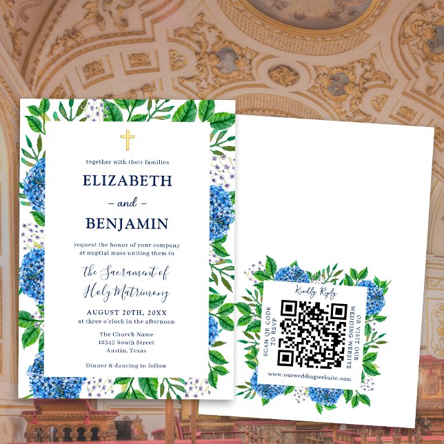Gold Blue Hydrangeas QR Code Katholische Hochzeit Einladung (Von Creator hochgeladen)