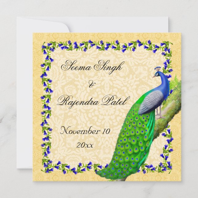 Gold Blue Indian Peacock Save the Date einladen (Vorderseite)