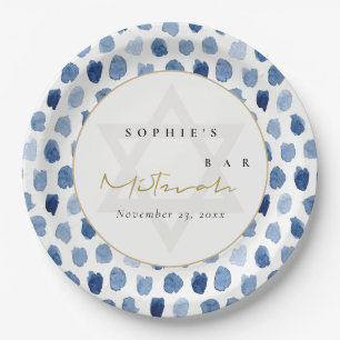 GOLD BLUE INDIGO WATERCOLOR DOTS BAR BAT MITZVAH PAPPTELLER