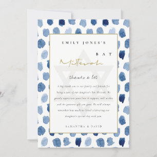 GOLD BLUE INDIGO WATERCOLOR DOTS BAT BAR MITZVAH DANKESKARTE