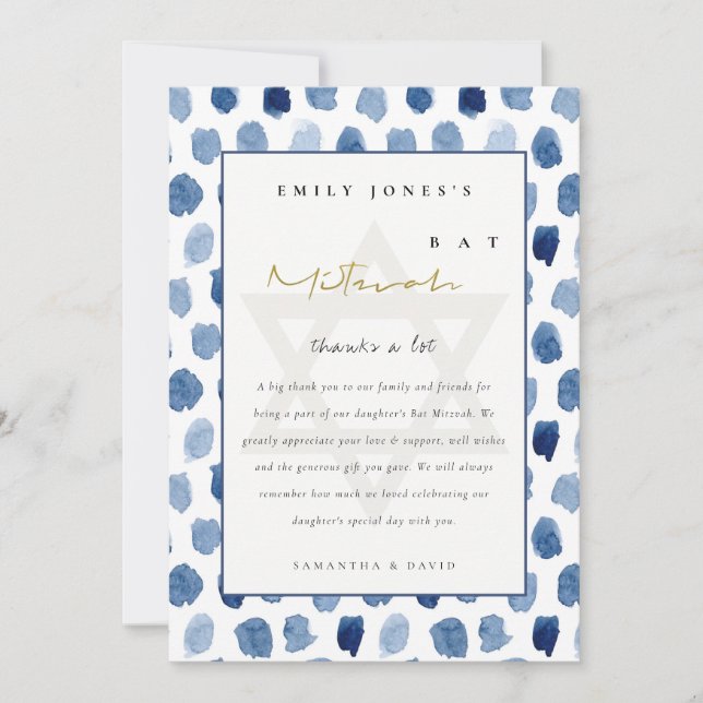 GOLD BLUE INDIGO WATERCOLOR DOTS BAT BAR MITZVAH DANKESKARTE (Vorderseite)