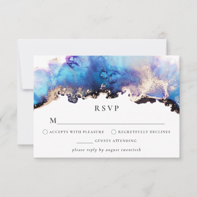 Gold Blue Lila RSVP Card Aquarellfarben Tinte (Vorderseite)