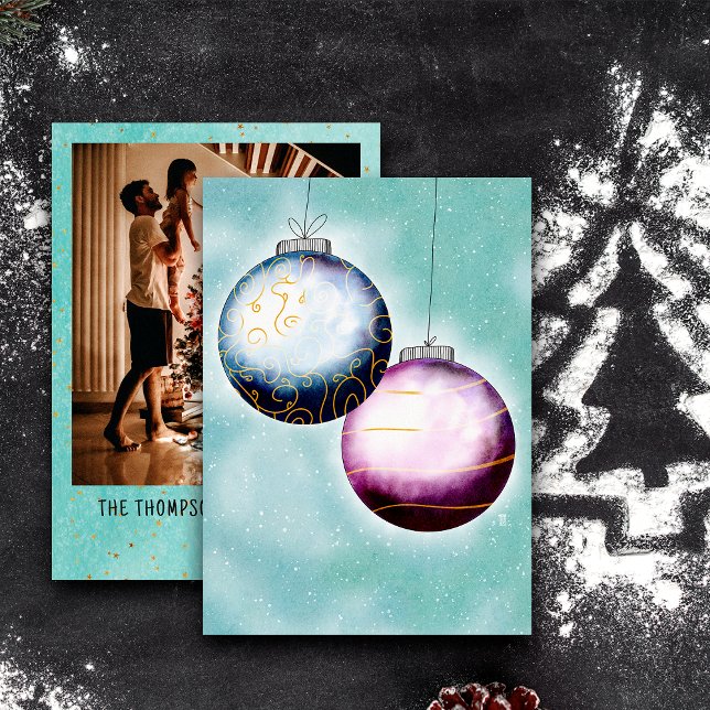 Gold Blue Lila Weihnachtsbälle Foto Feiertagskarte (Von Creator hochgeladen)