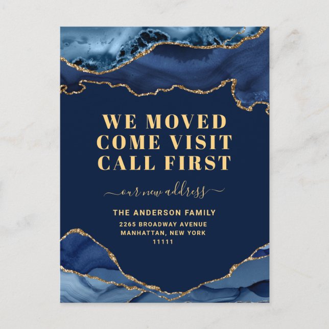 Gold Blue Marble Neue Ankündigung zur Adressenvers Postkarte (Vorderseite)