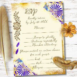 Gold & Blue Mexican Baroque Hummingbird Weddding RSVP Karte