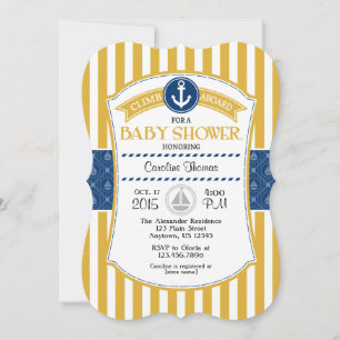 Gold Blue Nautical Baby Shower Einladung